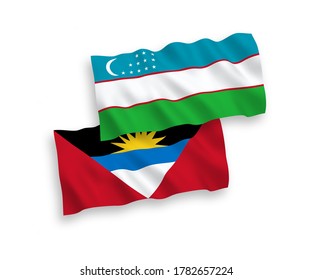 Banderas de olas de tela vectorial nacional de Antigua y Barbuda y Uzbekistán aisladas de fondo blanco. de 1 a 2.