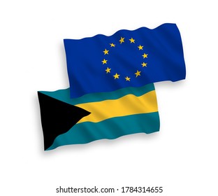 Nationale Vektorgrafik-Wellen-Flaggen der Europäischen Union und des Commonwealth der Bahamas einzeln auf weißem Hintergrund. 1 bis 2 %.