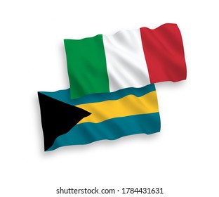 National vector fabric wave flags of Italy and Commonwealth of The Bahamas isolated on white background. 1 to 2 proportion.