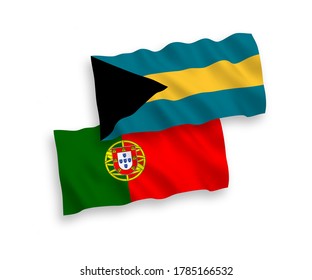 National vector fabric wave flags of Portugal and Commonwealth of The Bahamas isolated on white background. 1 to 2 proportion.
