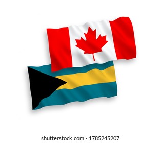 National vector fabric wave flags of Canada and Commonwealth of The Bahamas isolated on white background. 1 to 2 proportion.
