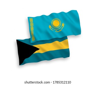 National vector fabric wave flags of Kazakhstan and Commonwealth of The Bahamas isolated on white background. 1 to 2 proportion.