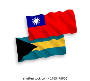 Banderas de olas de tela vectorial nacional de la Commonwealth de las Bahamas y Taiwán aisladas en fondo blanco. de 1 a 2.