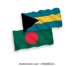 National vector fabric wave flags of Commonwealth of The Bahamas and Bangladesh isolated on white background. 1 to 2 proportion.