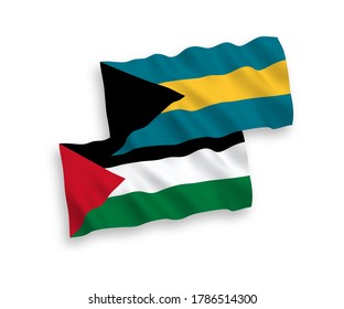 National vector fabric wave flags of Commonwealth of The Bahamas and Palestine isolated on white background. 1 to 2 proportion.