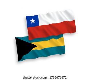 National vector fabric wave flags of Commonwealth of The Bahamas and Chile isolated on white background. 1 to 2 proportion.