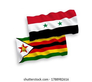 National vector fabric wave flags of Zimbabwe and Syria isolated on white background. 1 to 2 proportion.