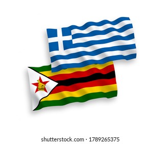 National vector fabric wave flags of Greece and Zimbabwe isolated on white background. 1 to 2 proportion.