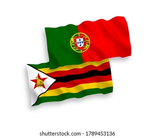 Banderas de olas de tela vectorial nacional de Portugal y Zimbabue aisladas en fondo blanco. de 1 a 2.