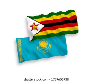 Banderas de olas de tela vectorial nacional de Kazajistán y Zimbabue aisladas en fondo blanco. de 1 a 2.