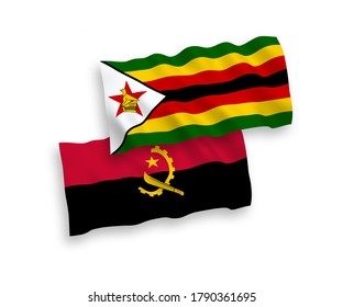Banderas de olas de tela vectorial nacional de Zimbabwe y Angola aisladas en fondo blanco. de 1 a 2.