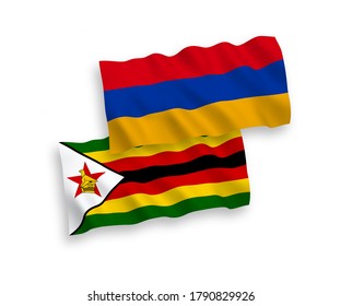 Banderas de olas de tela vectorial nacional de Zimbabue y Armenia aisladas en fondo blanco. de 1 a 2.