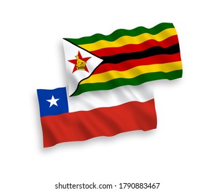 National vector fabric wave flags of Zimbabwe and Chile isolated on white background. 1 to 2 proportion.