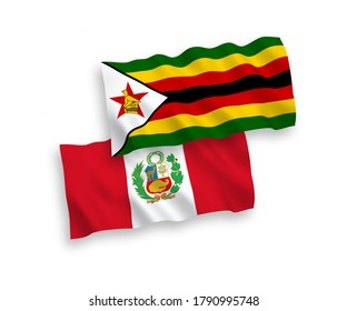 National vector fabric wave flags of Zimbabwe and Peru isolated on white background. 1 to 2 proportion.