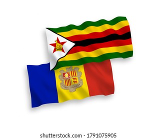Banderas de olas de tela vectorial nacional de Zimbabue y Andorra aisladas en fondo blanco. de 1 a 2.