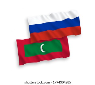 Banderas de olas de tela vectorial nacional de Maldivas y Rusia aisladas en fondo blanco. de 1 a 2.