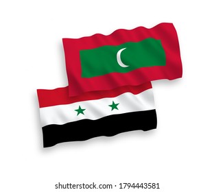 National vector fabric wave flags of Maldives and Syria isolated on white background. 1 to 2 proportion.