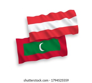 National vector fabric wave flags of Austria and Maldives isolated on white background. 1 to 2 proportion.