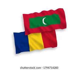 National vector fabric wave flags of Romania and Maldives isolated on white background. 1 to 2 proportion.