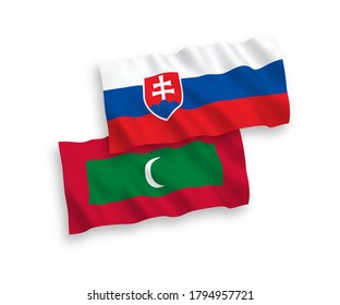 National vector fabric wave flags of Slovakia and Maldives isolated on white background. 1 to 2 proportion.
