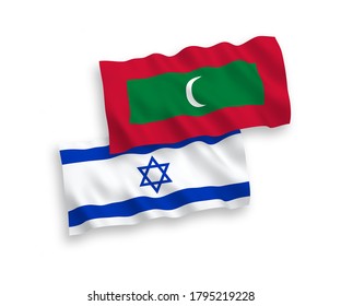 Banderas de olas de tela vectorial nacional de Maldivas e Israel aisladas en fondo blanco. de 1 a 2.
