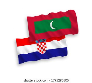National vector fabric wave flags of Maldives and Croatia isolated on white background. 1 to 2 proportion.