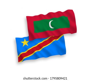National vector fabric wave flags of Maldives and Democratic Republic of the Congo isolated on white background. 1 to 2 proportion.