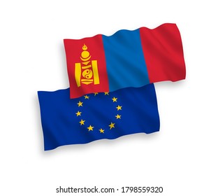 National vector fabric wave flags of European Union and Mongolia isolated on white background. 1 to 2 proportion.