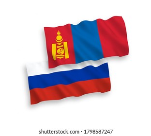 National vector fabric wave flags of Mongolia and Russia isolated on white background. 1 to 2 proportion.