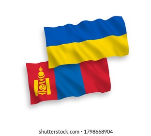 National vector fabric wave flags of Mongolia and Ukraine isolated on white background. 1 to 2 proportion.