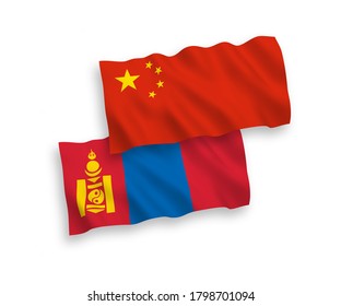 National vector fabric wave flags of Mongolia and China isolated on white background 1 to 2 proportion.