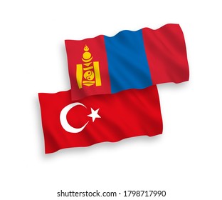 National vector fabric wave flags of Turkey and Mongolia isolated on white background. 1 to 2 proportion.