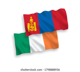 National vector fabric wave flags of Ireland and Mongolia isolated on white background. 1 to 2 proportion.