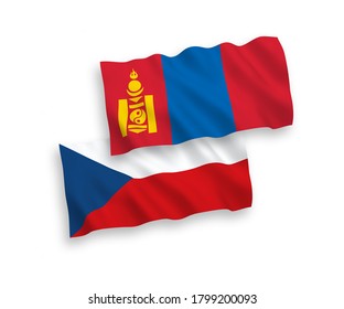 National vector fabric wave flags of Czech Republic and Mongolia isolated on white background. 1 to 2 proportion.