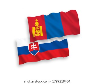 National vector fabric wave flags of Slovakia and Mongolia isolated on white background. 1 to 2 proportion.