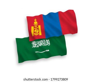 Banderas de olas de tela vectorial nacional de Arabia Saudita y Mongolia aisladas en fondo blanco. de 1 a 2.