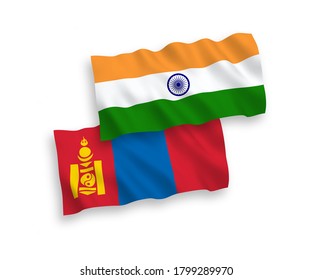 National vector fabric wave flags of India and Mongolia isolated on white background. 1 to 2 proportion.