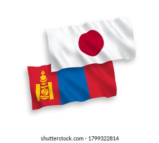 National vector fabric wave flags of Japan and Mongolia isolated on white background. 1 to 2 proportion.