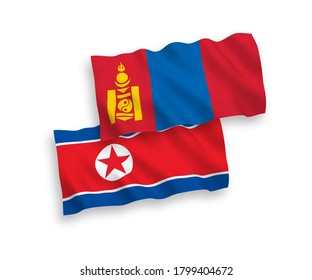 National vector fabric wave flags of North Korea and Mongolia isolated on white background. 1 to 2 proportion.