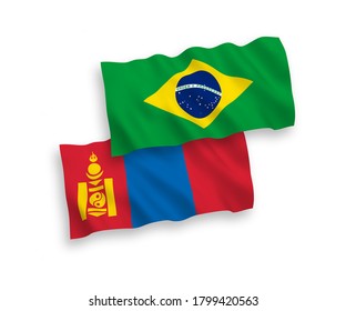 National vector fabric wave flags of Brazil and Mongolia isolated on white background. 1 to 2 proportion.
