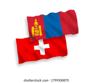 National vector fabric wave flags of Mongolia and Switzerland isolated on white background. 1 to 2 proportion.