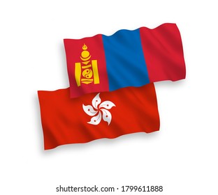 National vector fabric wave flags of Mongolia and Hong Kong isolated on white background. 1 to 2 proportion.