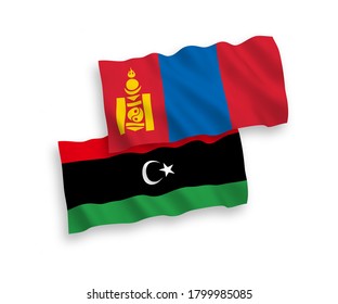 Banderas de olas de tela vectorial nacional de Mongolia y Libia aisladas en fondo blanco. de 1 a 2.
