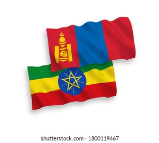 Nationale Vektor-Wellen-Flaggen von Mongolei und Äthiopien einzeln auf weißem Hintergrund. 1 bis 2 %.