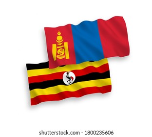 National vector fabric wave flags of Mongolia and Uganda isolated on white background. 1 to 2 proportion.
