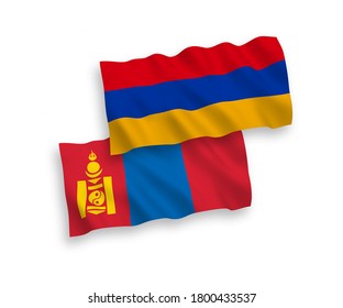 National vector fabric wave flags of Mongolia and Armenia isolated on white background. 1 to 2 proportion.