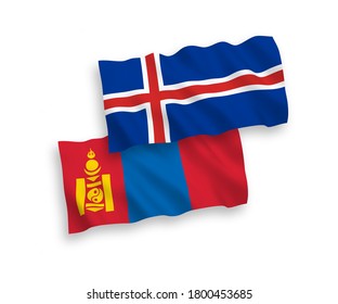 Banderas de ondulación de tela vectorial nacional de Mongolia e Islandia aisladas sobre fondo blanco. de 1 a 2.
