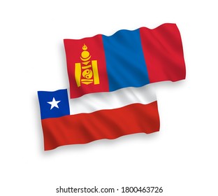 Nationale Vektor-Wellen-Flaggen der Mongolei und Chiles einzeln auf weißem Hintergrund. 1 bis 2 %.