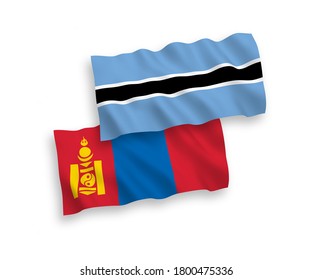 National vector fabric wave flags of Mongolia and Botswana isolated on white background. 1 to 2 proportion.