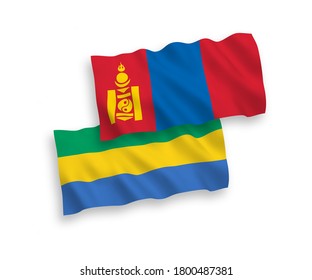 National vector fabric wave flags of Mongolia and Gabon isolated on white background. 1 to 2 proportion.